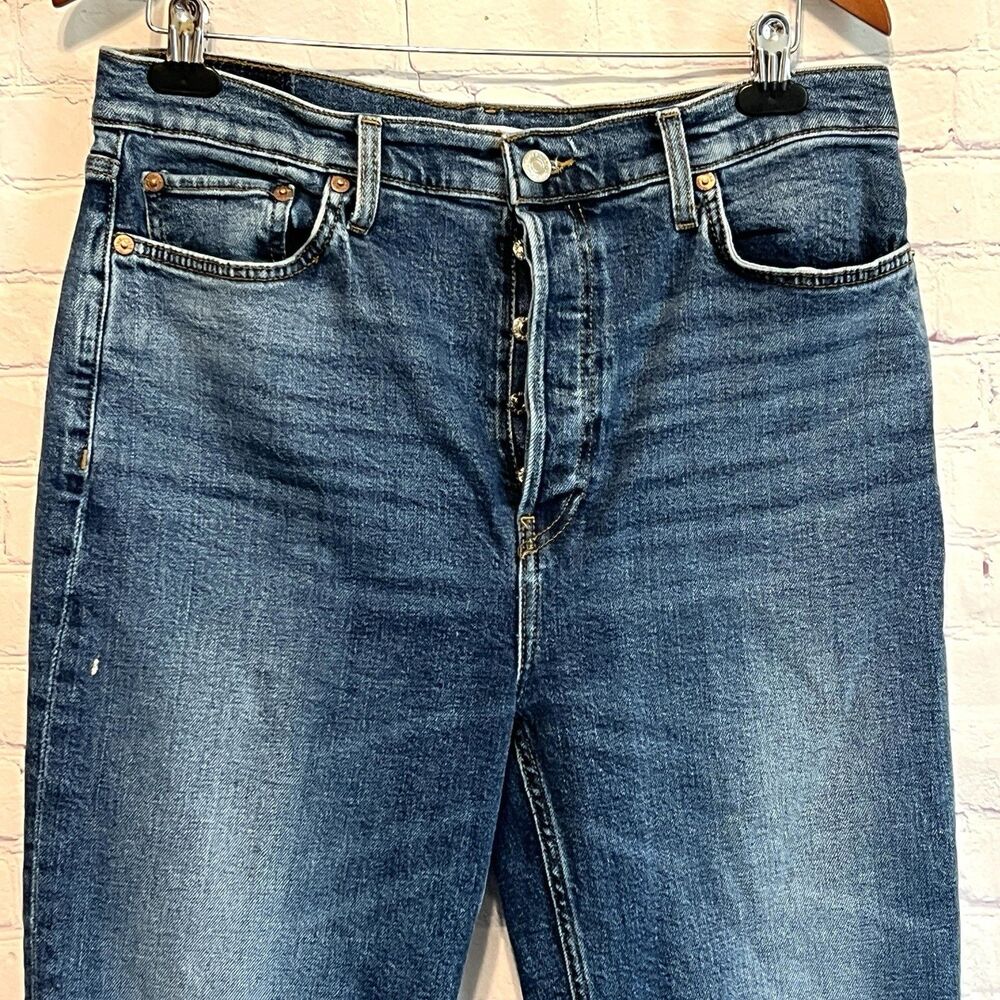 Re/Done Women’s 32 Distressed Ankle Buttoned Ultra High Rise Jeans Indigo Storm